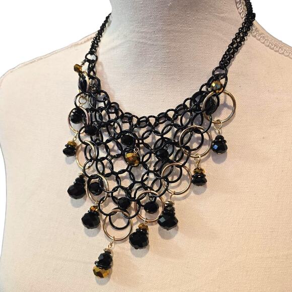 Statement Bib Necklace Black Gold Tone Chainmail Beaded Dangle Faceted Beads - Picture 4 of 5